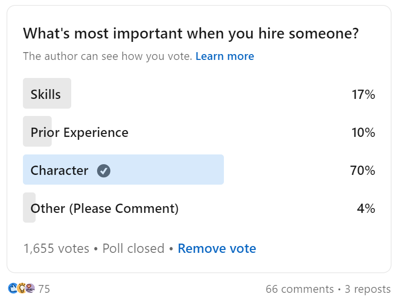 A LinkedIn poll about hiring for character